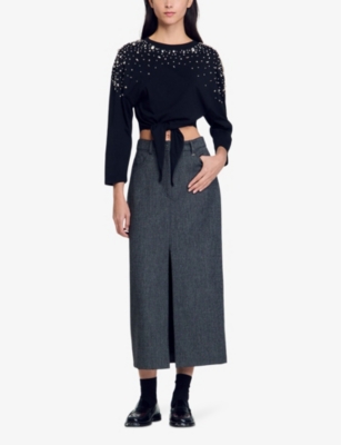 Rhinestone-embellished tie-front cotton top