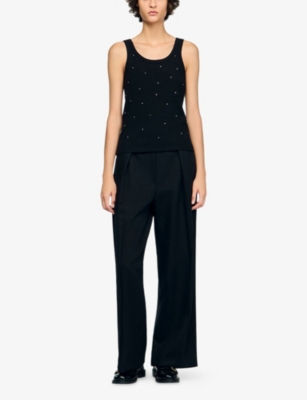 SANDRO: Rhinestone-embellished round-neck stretch-cotton tank top