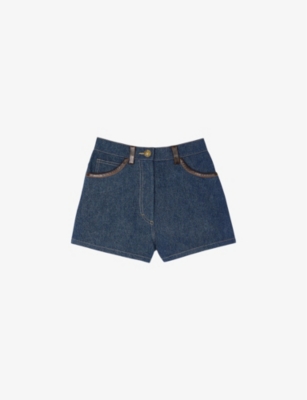 High-rise contrast-stitch leather-trim denim shorts