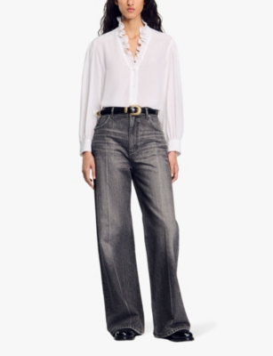 Sandro Womens Naturels Ruffle-neck Long-sleeve Silk Shirt In Naturels