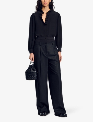 Ruffle-neck long-sleeve silk shirt