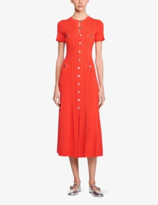 SANDRO: Contrast-stitch short-sleeve stretch-knit midi dress