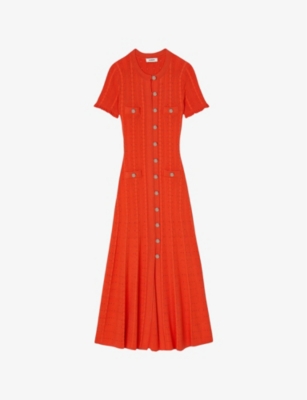 SANDRO: Contrast-stitch short-sleeve stretch-knit midi dress