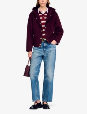 Sandro Womens Bordeaux Button-down Double-face Hooded Wool Coat In Burgundy
