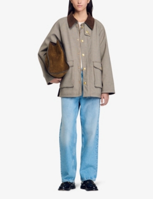 SANDRO: Check-pattern velvet-collar woven coat
