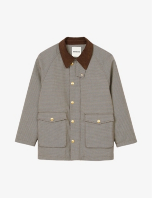 SANDRO: Check-pattern velvet-collar woven coat