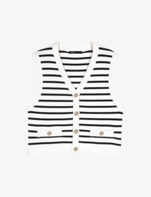 MAJE WOMENS BLEUS V-NECK SLEEVELESS STRIPED STRETCH-KNIT CARDIGAN 