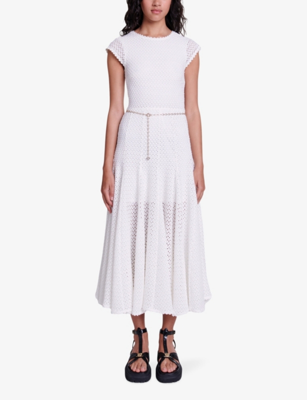 Round-neck short-sleeve crochet-knit maxi dress