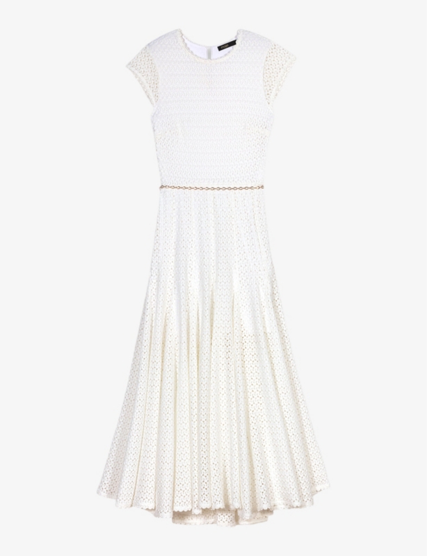 Round-neck short-sleeve crochet-knit maxi dress