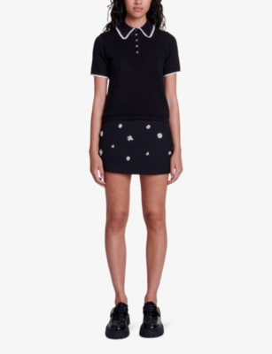 MAJE: Pointelle-collar short-sleeve cotton polo shirt