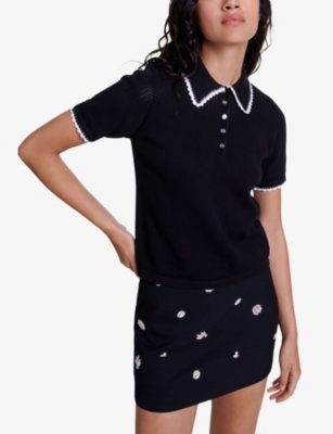 Pointelle-collar short-sleeve cotton polo shirt