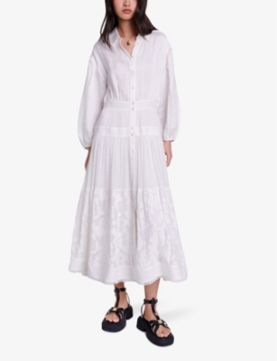 Shop Maje Womens Blanc Flower-embroidered Button-down Linen-blend Maxi Dress