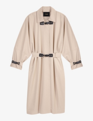MAJE: Contrast-buckle long cotton trench coat
