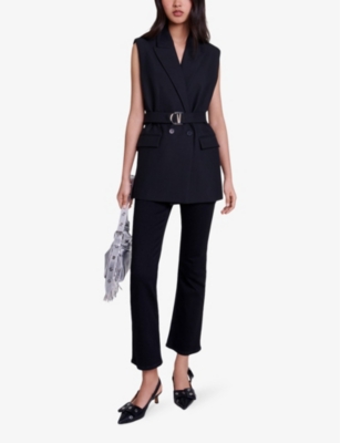 Maje Womens  Belted-waist Double-breasted Sleeveless Stretch-woven Blazer In Noir / Gris