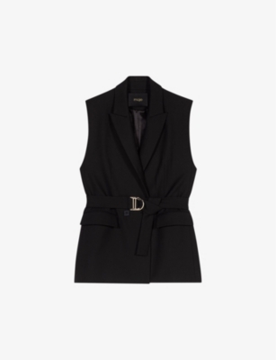 Maje Womens  Belted-waist Double-breasted Sleeveless Stretch-woven Blazer In Noir / Gris