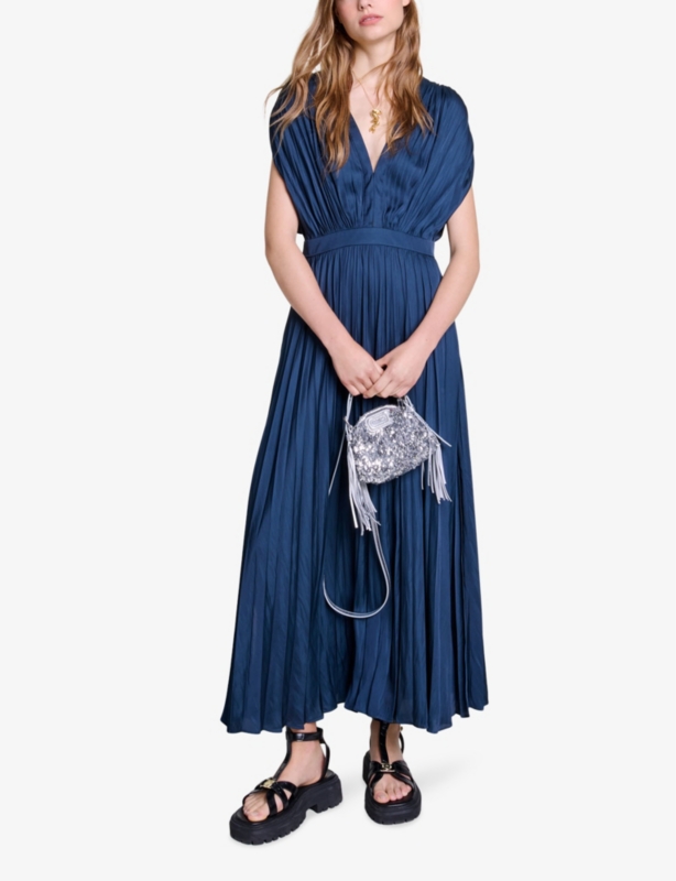 V-neck pleated woven maxi dress