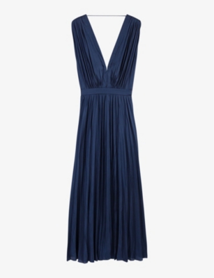 Maje Womens Bleus V-neck Pleated Woven Maxi Dress In Bleus