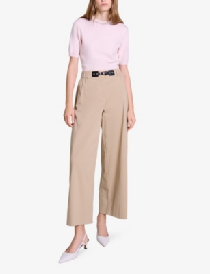 Maje Womens Bruns Buckle-embellished Logo-embroidered Stretch-cotton Trousers In Bruns