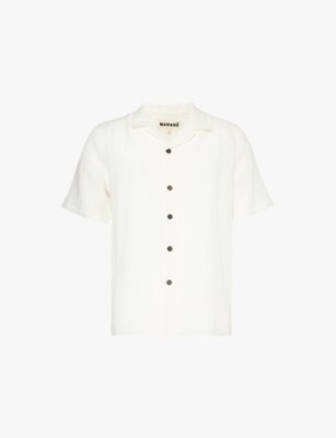 Marane Mens White Camp-collar Regular-fit Linen Shirt