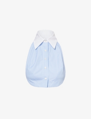 Shop Woera Tuxedo Halter-neck Gingham-check Cotton Top In Blue Pinstripe
