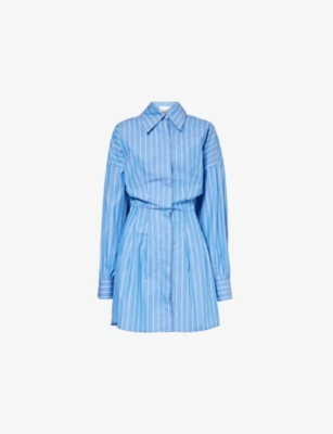WOERA: Stripe-pattern clinched-waist cotton mini dress