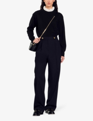SANDRO: Button-embellished high-rise wool-blend trousers
