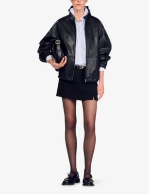 Sandro Womens Black High-neck Oversized Leather Jacket In Black