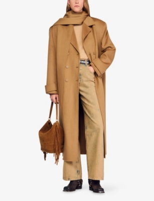 Sandro Womens Camel Integrated-scarf Relaxed-fit Wool Coat In Brown