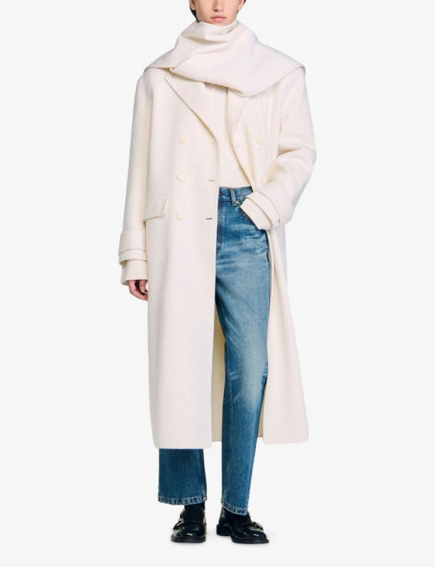 Integrated-scarf relaxed-fit wool coat