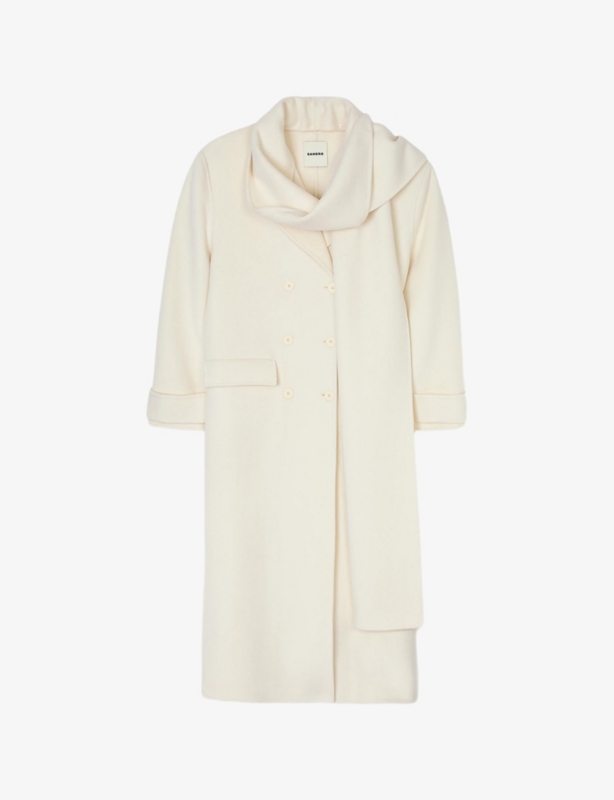 Integrated-scarf relaxed-fit wool coat