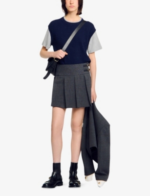 Sandro Womens Navy / Grey Layered Short-sleeve Knitted Jumper In Multi