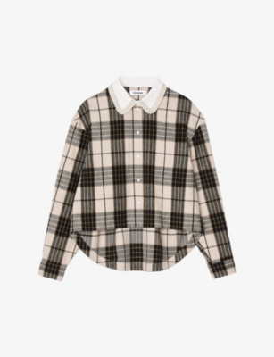 Sandro Womens  Check-pattern Asymmetric-hem Cotton Shirt In Naturels