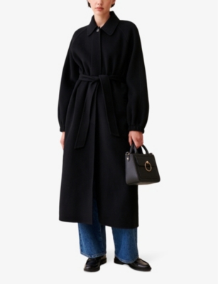 Shop Claudie Pierlot Womens Noir / Gris Belted Long Wool-blend Coat