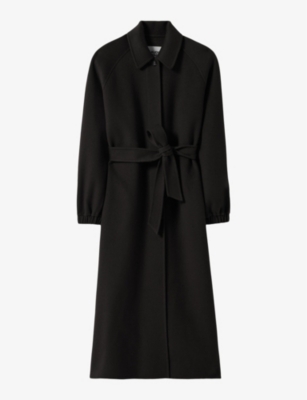 Shop Claudie Pierlot Womens Noir / Gris Belted Long Wool-blend Coat