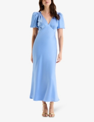 Shop Omnes Womens  Rosie V-neck Puff-sleeve Recycled-polyester Maxi Dress In Blue