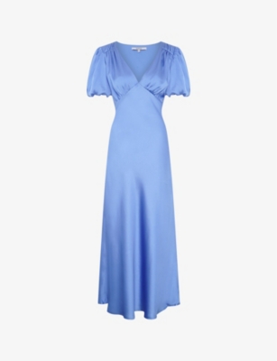 Shop Omnes Womens  Rosie V-neck Puff-sleeve Recycled-polyester Maxi Dress In Blue