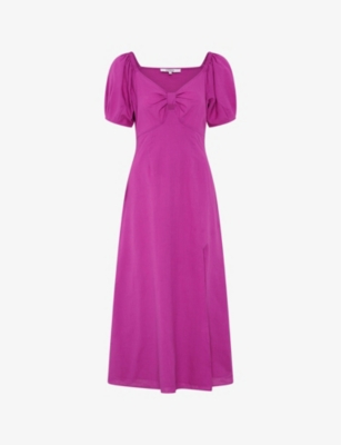 Shop Omnes London Bow-embellished Cotton-blend Dress In Magenta