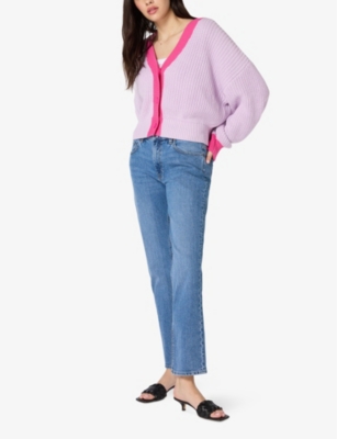 Shop Omnes Women's Lilac Hopper Contrast-trim Cotton-knit Cardigan