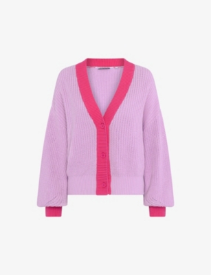 Shop Omnes Women's Lilac Hopper Contrast-trim Cotton-knit Cardigan