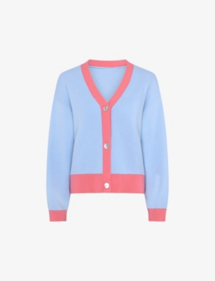 Shop Omnes Womens Blue Kayla Contrast-trim Cotton-knit Cardigan