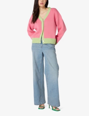 Shop Omnes Women's Pink Kayla Contrast-trim Cotton-knit Cardigan