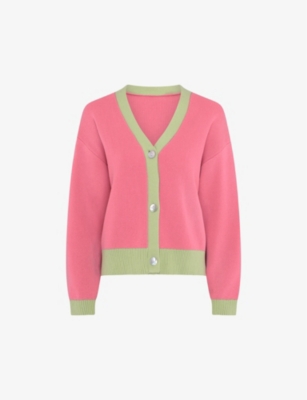 Shop Omnes Women's Pink Kayla Contrast-trim Cotton-knit Cardigan