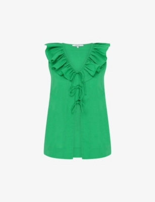 Shop Omnes Women's Green Rachael Frill-trim V-neck Cotton-blend Blouse