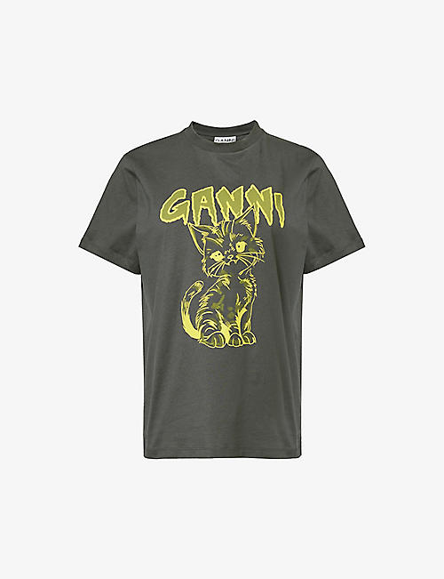 GANNI: Kitty graphic-print organic-cotton T-shirt