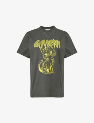 Shop Ganni Women's Volcanic Ash Kitty Graphic-print Organic-cotton T-shirt