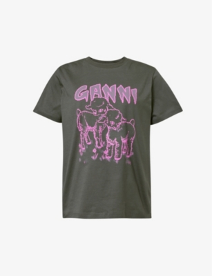 Shop Ganni Womens Volcanic Ash Lambs Graphic-print Organic-cotton T-shirt