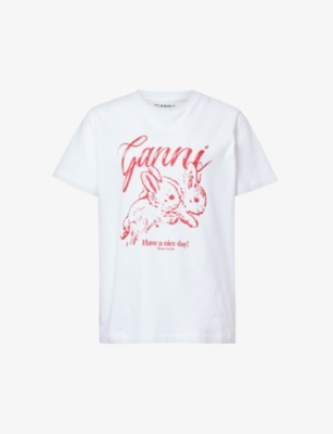 Shop Ganni Women's Bright White Bunnies Graphic-pattern Organic-cotton T-shirt
