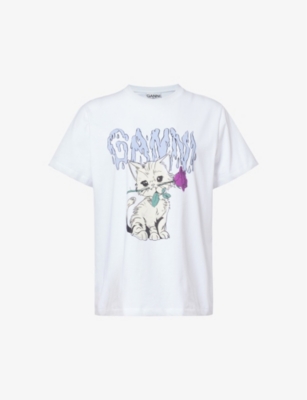 Shop Ganni Women's Bright White Rose Cat Graphic-pattern Organic-cotton T-shirt