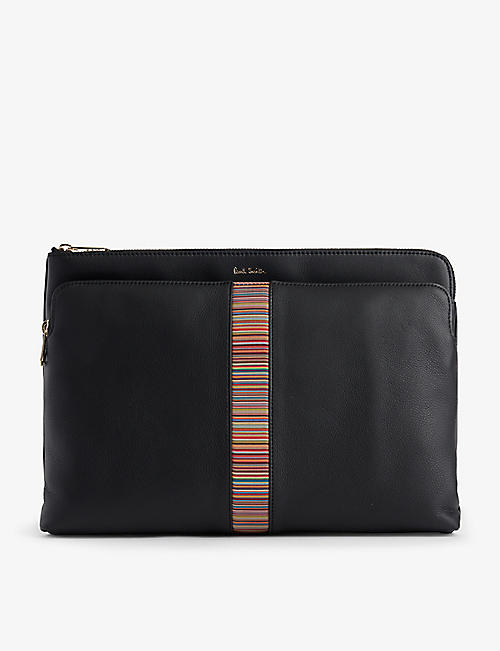 PAUL SMITH: Striped-panel zipped leather document bag