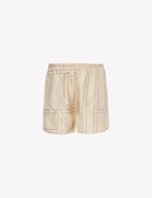 Shop Totême Toteme Women's Ivory Monogram Brand-embroidered High-rise Silk-twill Shorts